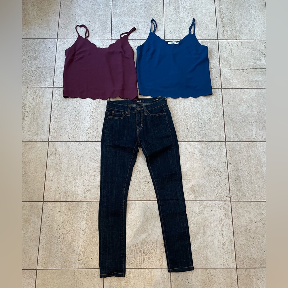 NWOT Bundle of 3:BDG Jeans 24W/27L W/(2)Lush Tops XS Burgundy, Teal Retail: $157